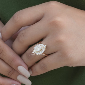 View of Marquise Cut Halo Lab Diamond Ballerina Ring In Yellow Gold