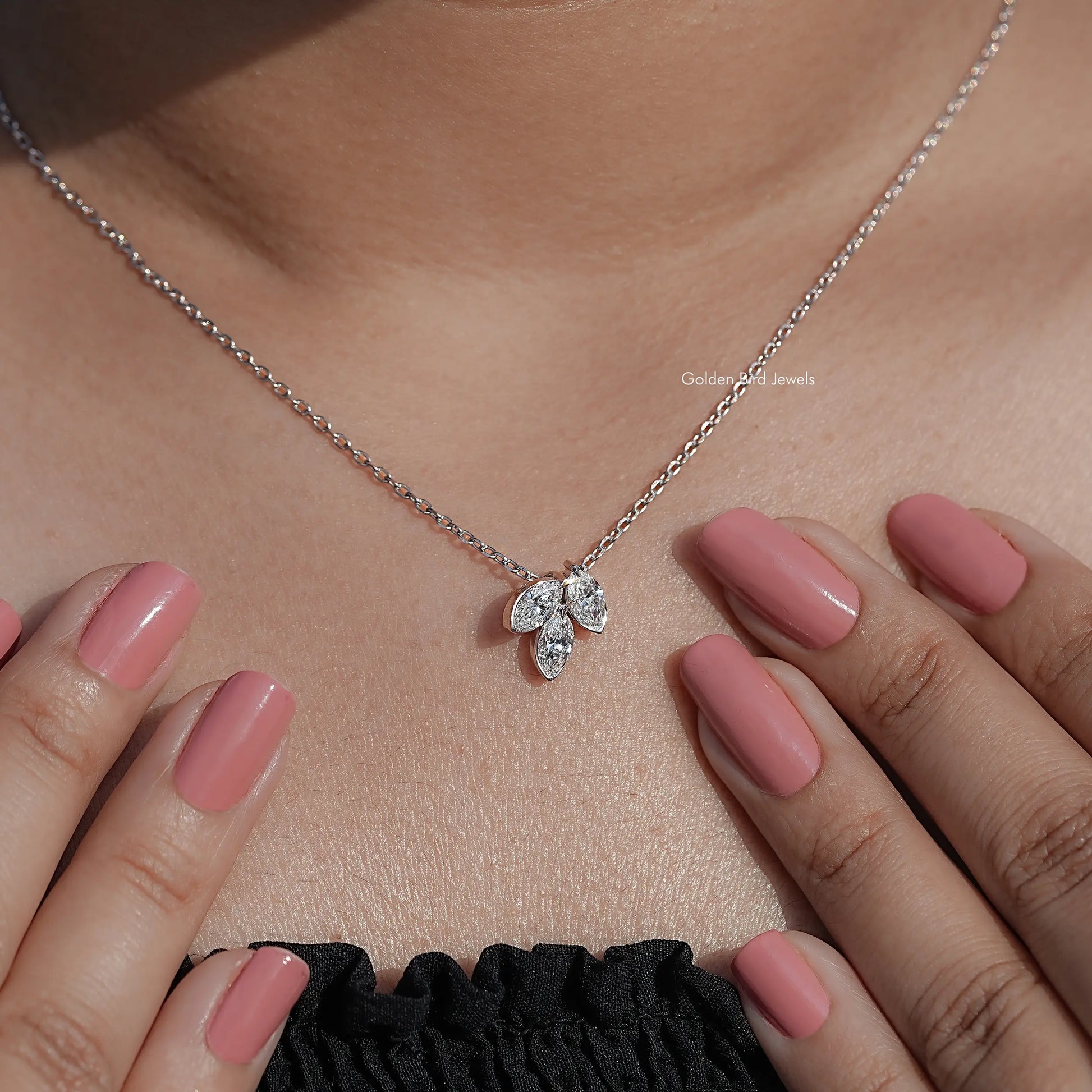 neck View of Marquise Cut Lab Diamond Three Stone Pendant
