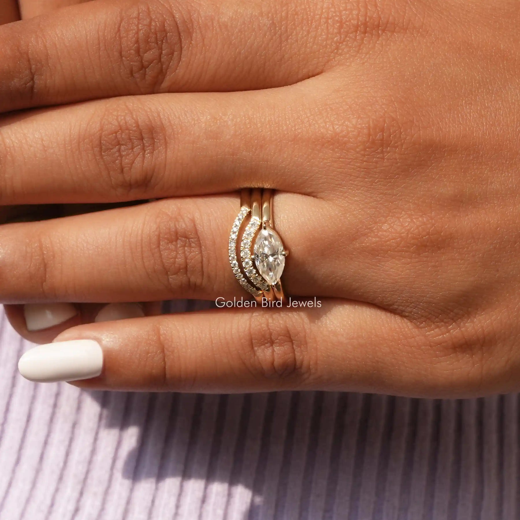 View of Marquise Cut Moissanite Bridal Curved Band In Yellow Gold