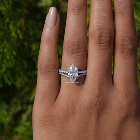 Close-Up View of A Marquise Cut Lab Diamond Bridal Ring Set