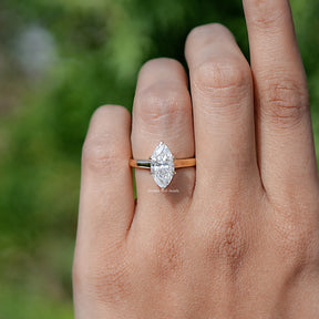 In finger front view of Dutch Marquise Cut Moissanite engagement ring 