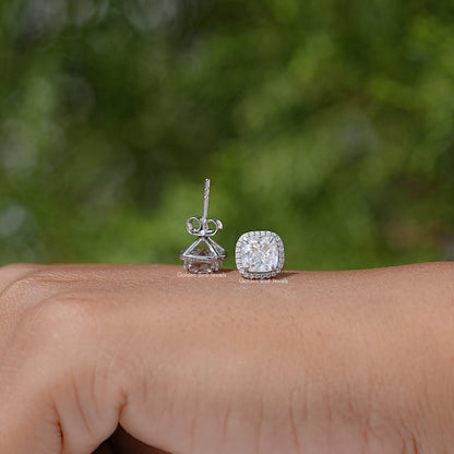 Cushion Cut Moissanite Halo Stud Earrings