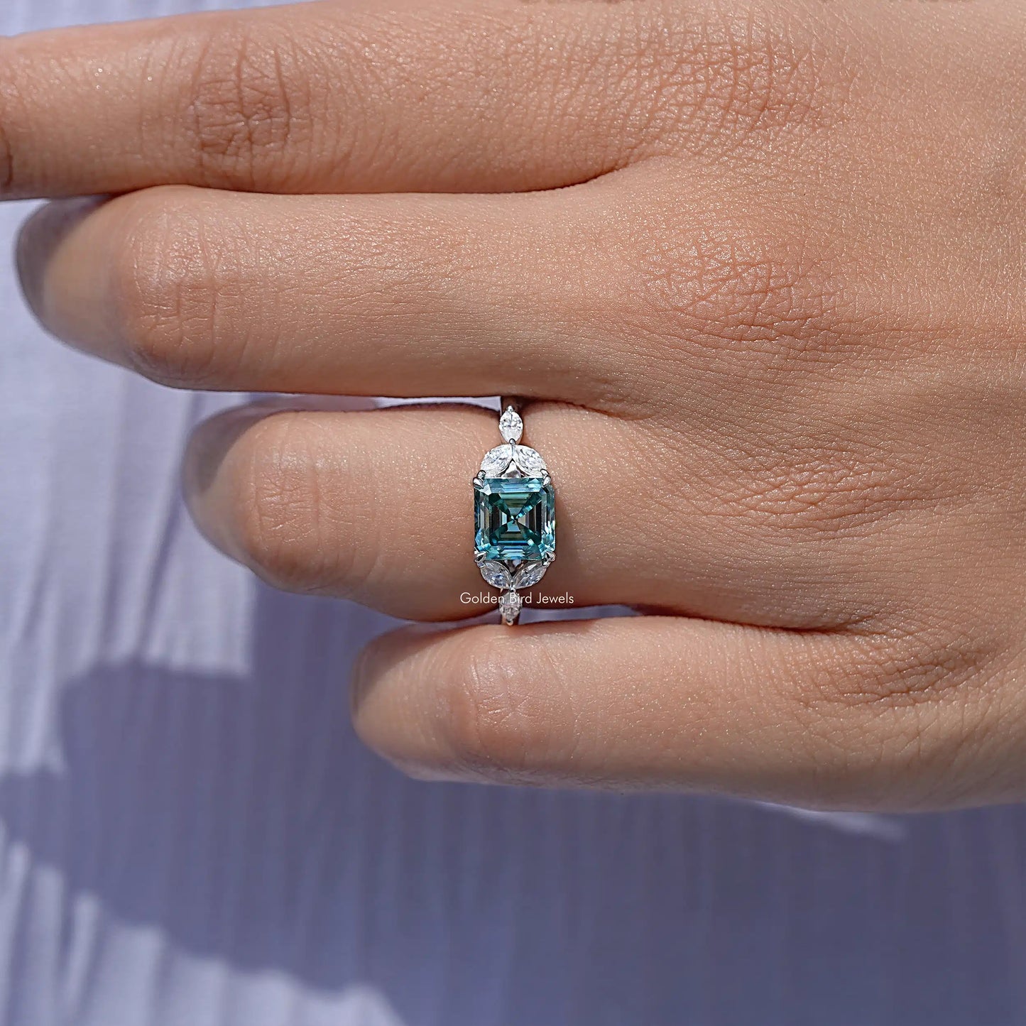 Dark Green Asscher Cut Moissanite Gemstone Wedding Ring