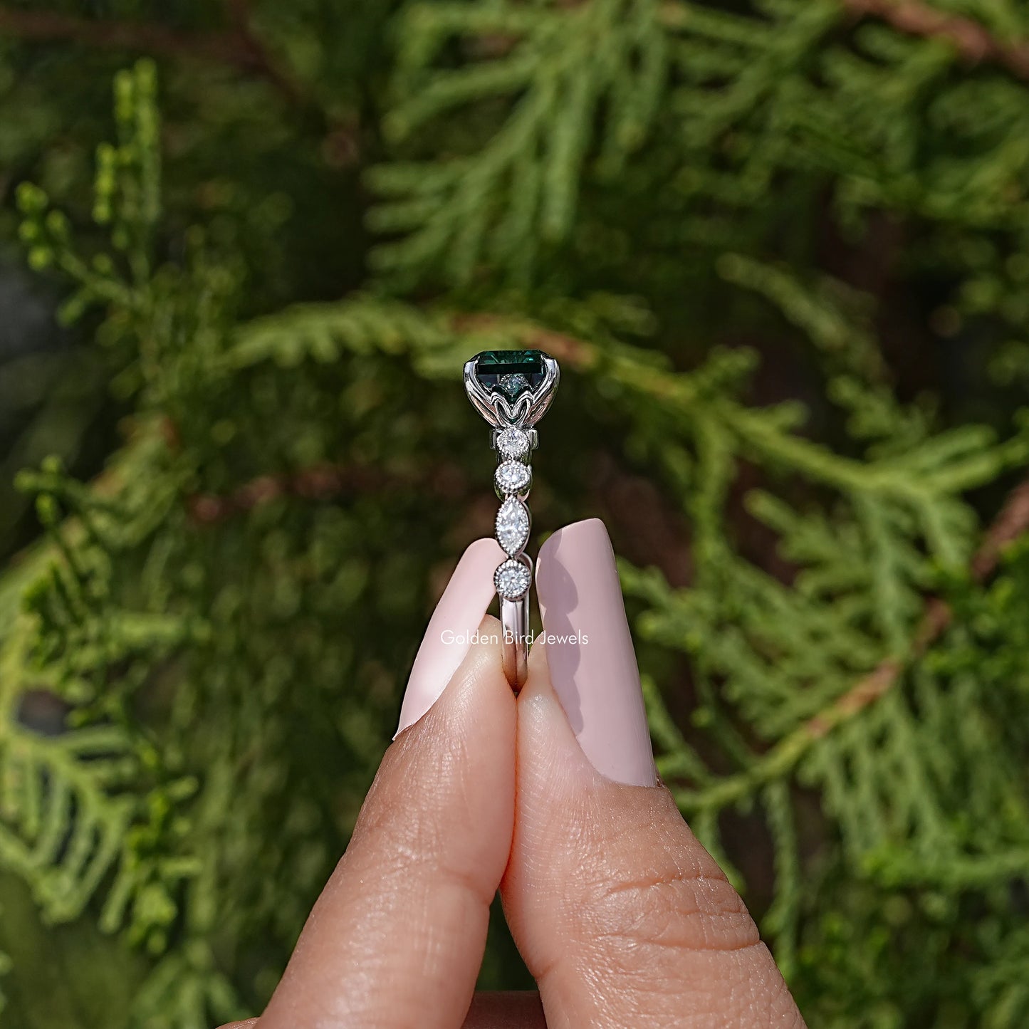 Green Asscher Moissanite Gemstone Engagement Ring