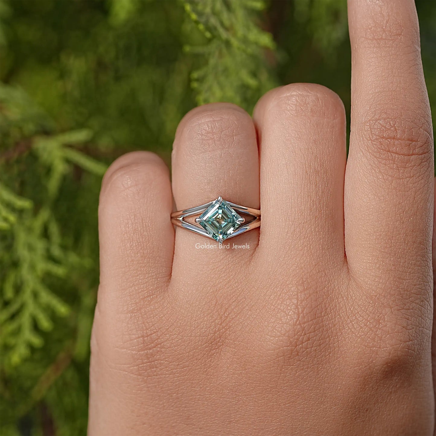 Asscher Cut Moissanite Gemstone Split Shank Ring