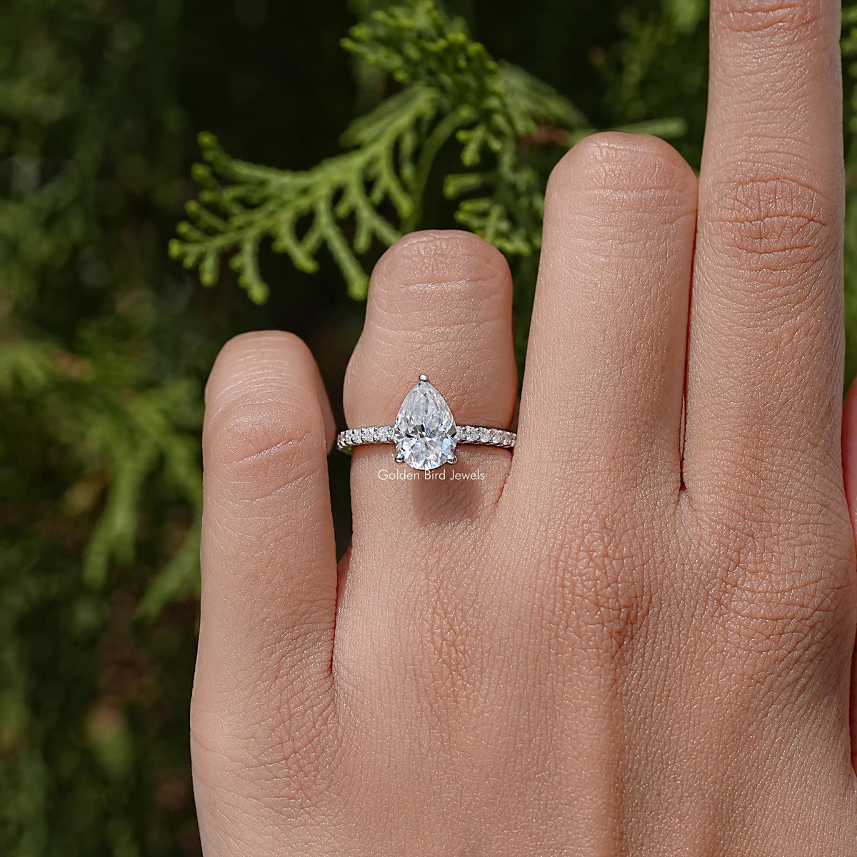 Pear Cut Moissanite Solitaire Accent Wedding Ring