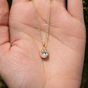 Close View Of Old Mine Cushion Moissanite Pendant in Secure Setting 