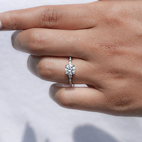 View of Round Cut Moissanite Solitaire Ring in prongs setting 