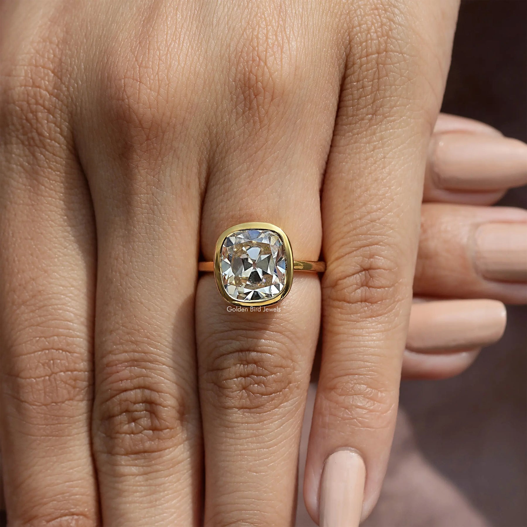 Moissanite Old Mine Cushion Cut Bezel Set Engagement Ring