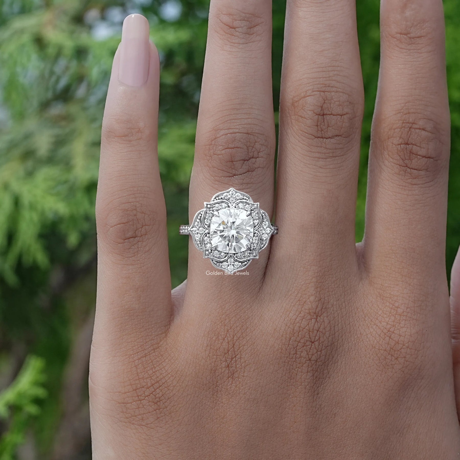 Detailed View Of Moissanite Cushion Cut Floral Ring 