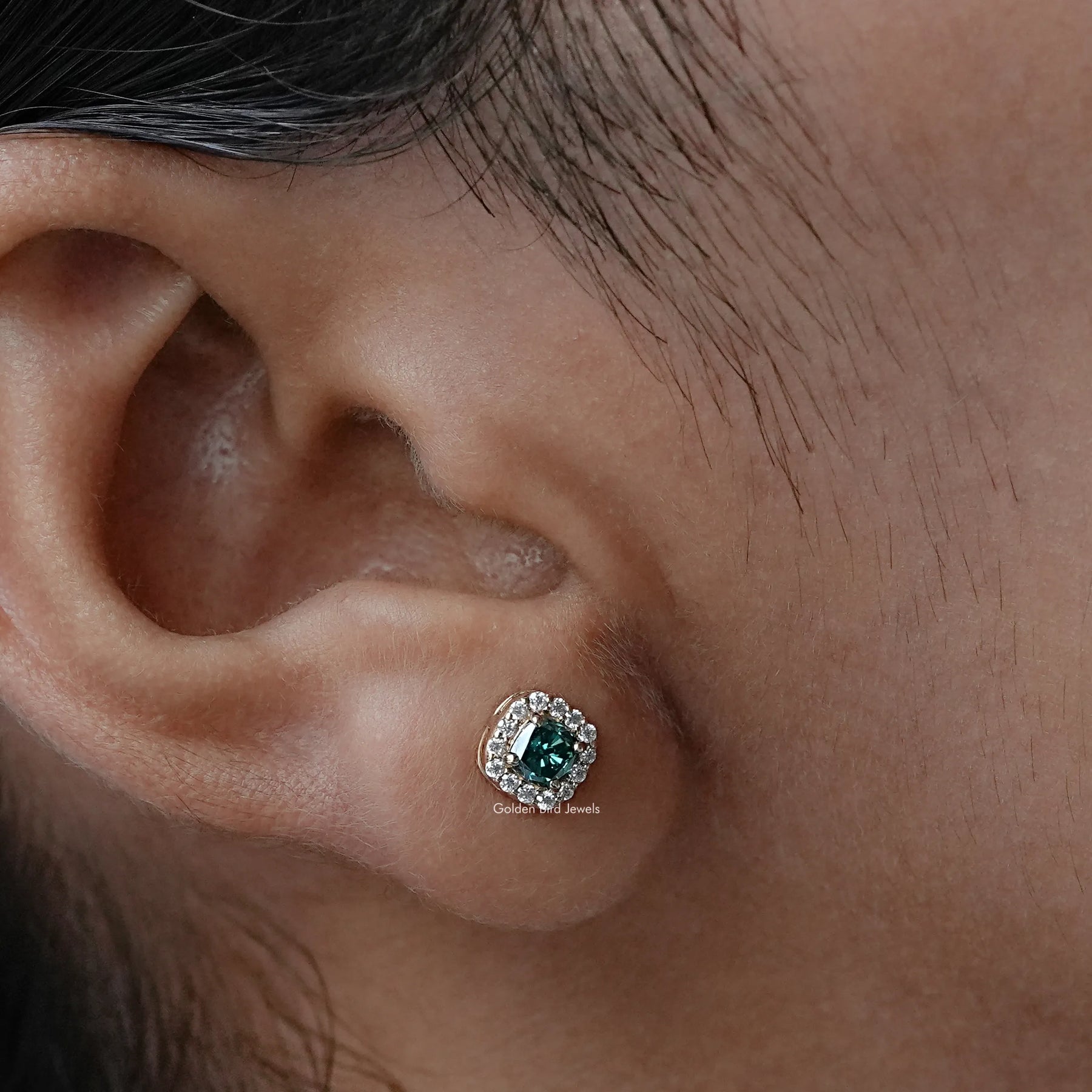 view of Moissanite cushion Cut Studs
