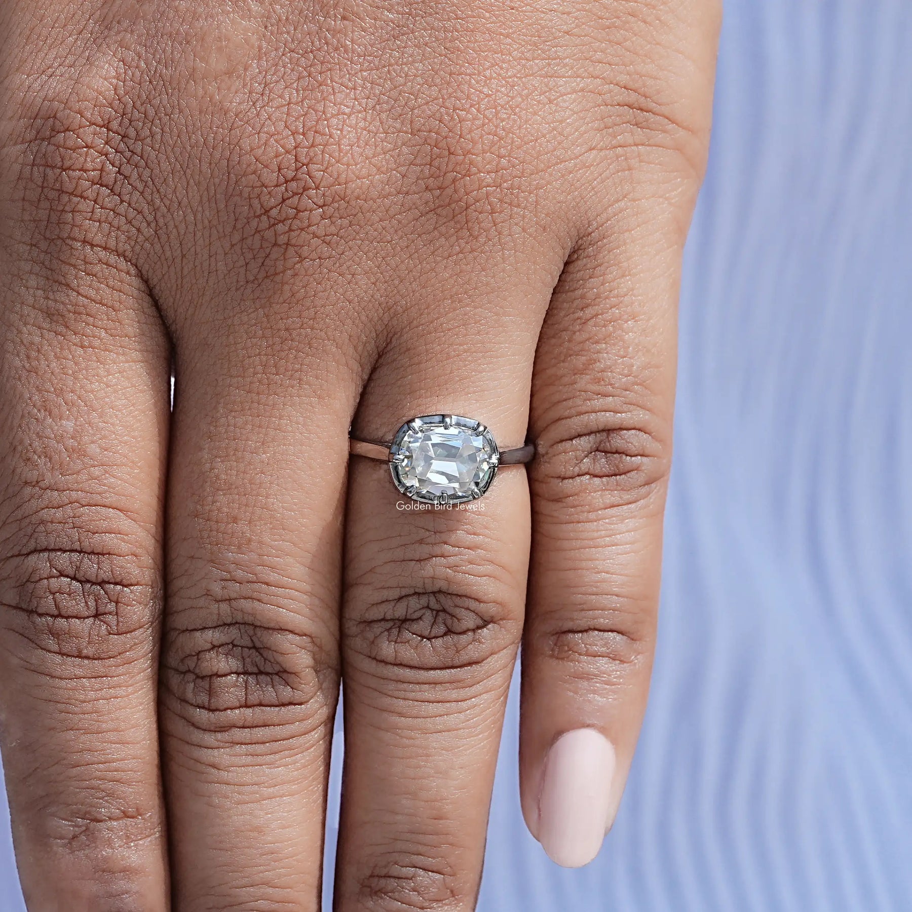 In hand showing view of moissanite Ring	 		