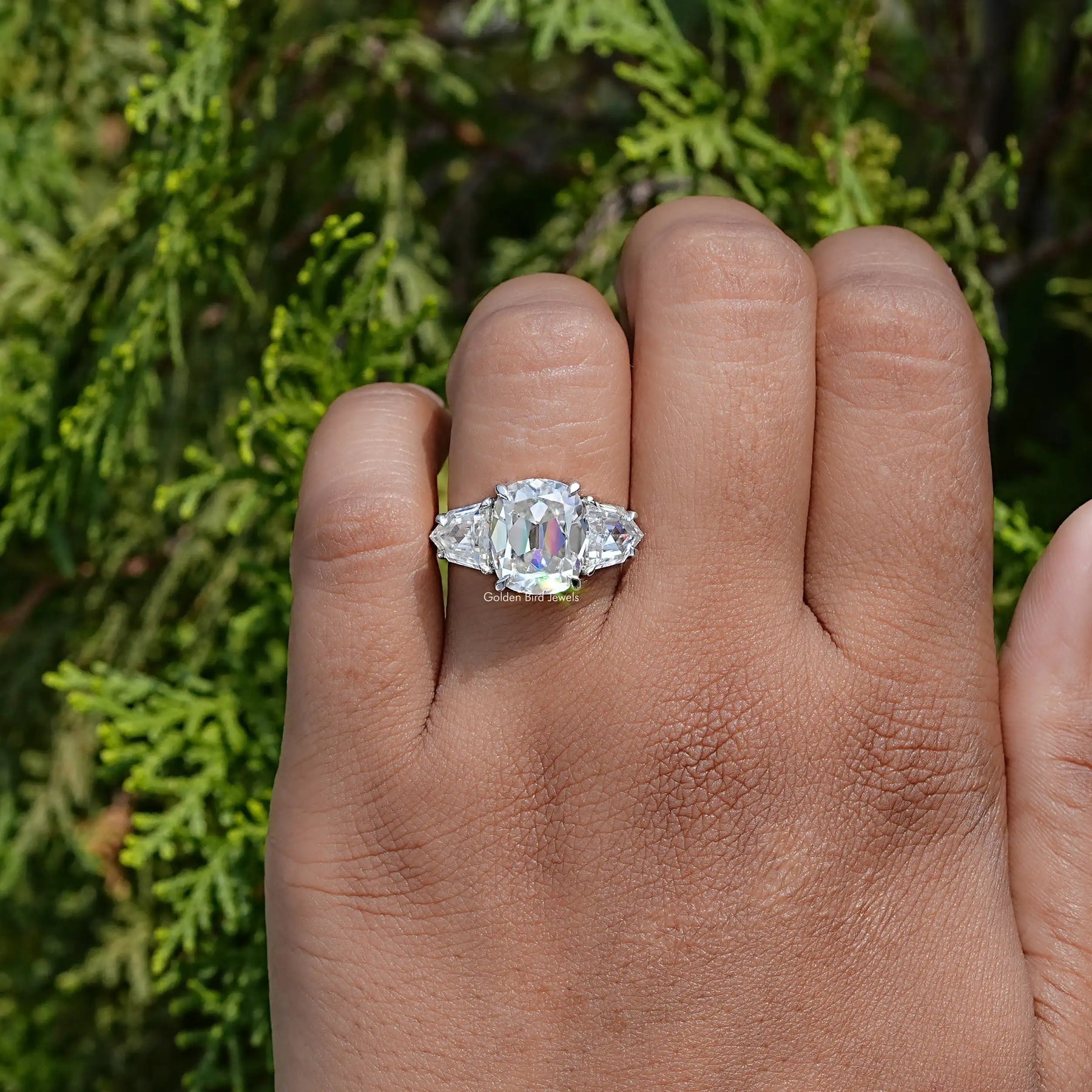 In front view of moissanite cushion cut Ring
