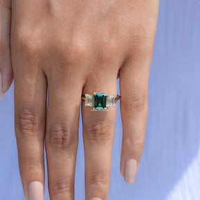 Emerald Moissanite 3 Stone engagement ring 