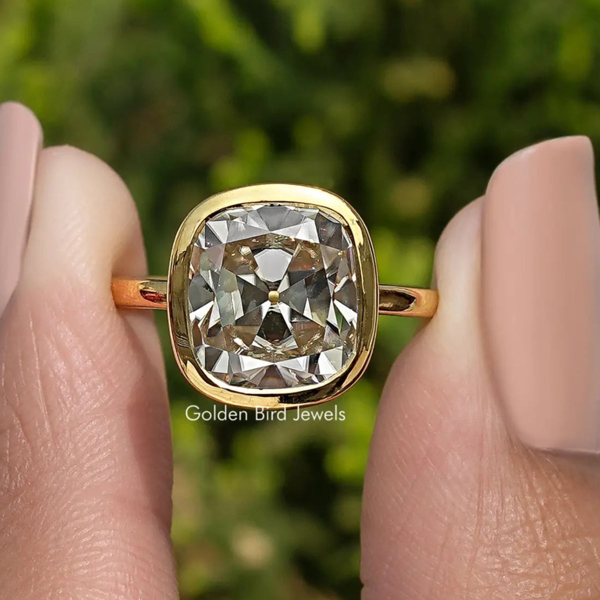 Moissanite Old Mine Cushion Cut Bezel Set Engagement Ring