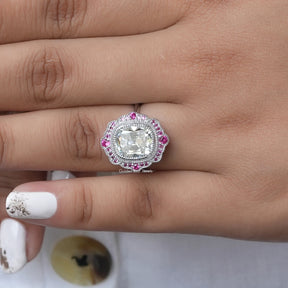 View of Cushion Cut Old Mine Halo Ring In finger