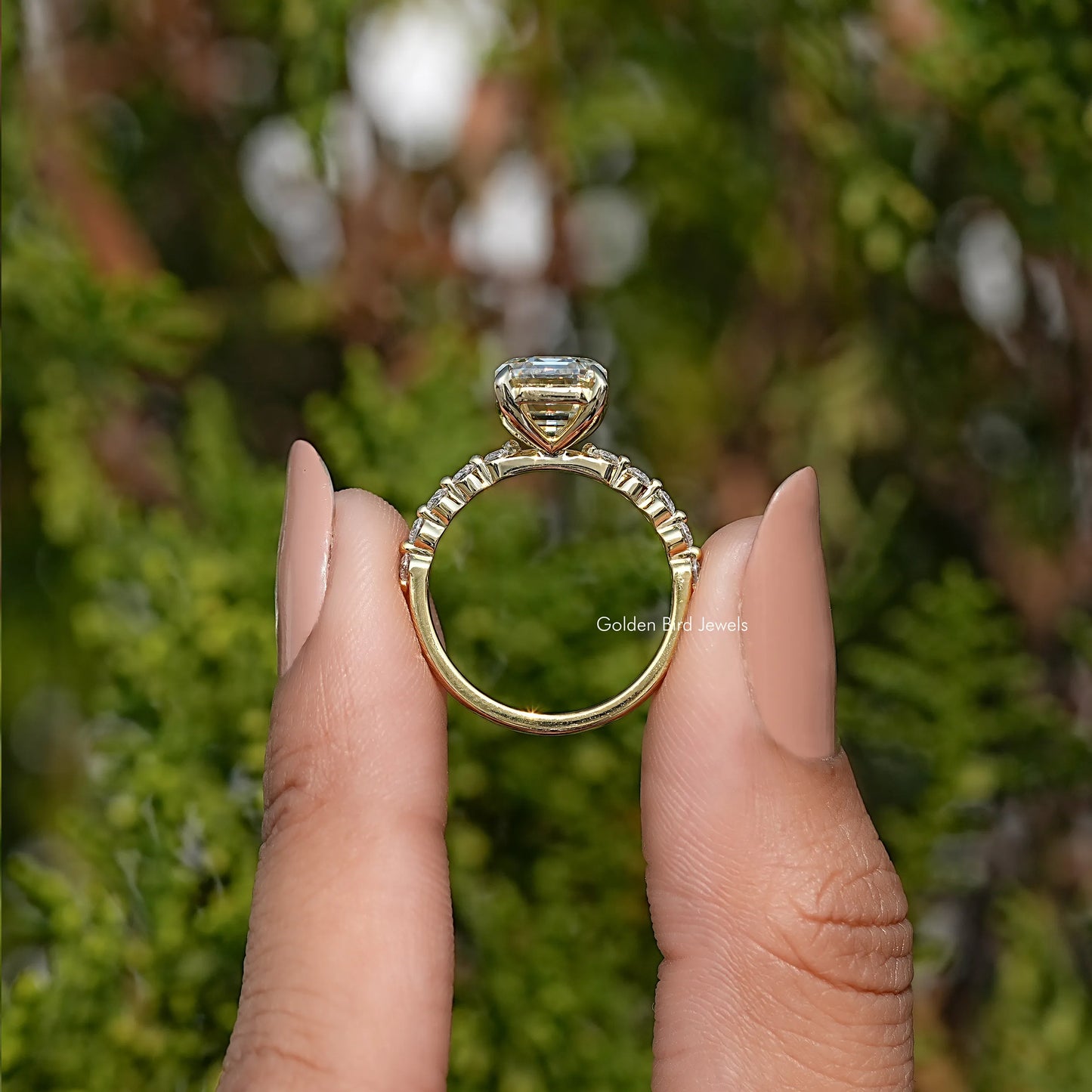 Moissanite Old Mine Emerald Accent Stone Ring