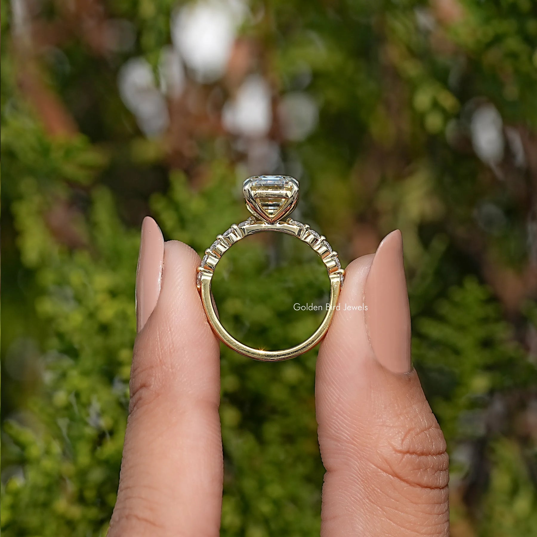 Moissanite Old Mine Emerald Accent Stone Ring