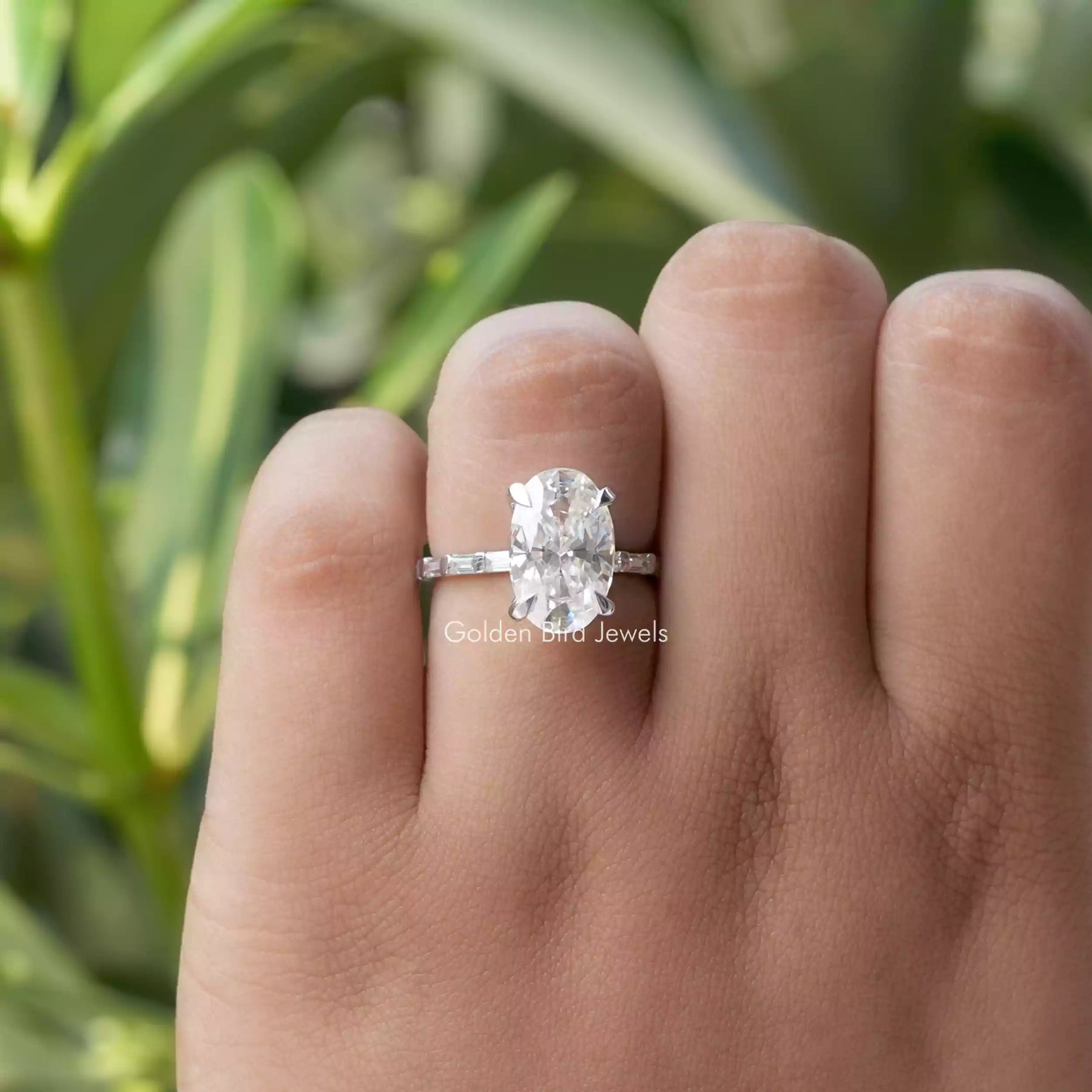 View of Oval Cut Moissanite Solitaire Engagement Ring In finger
