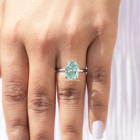 Blue Oval Cut Moissanite Solitaire Ring