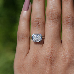 In finger view of Radiant Cut Moissanite Solitaire Ring