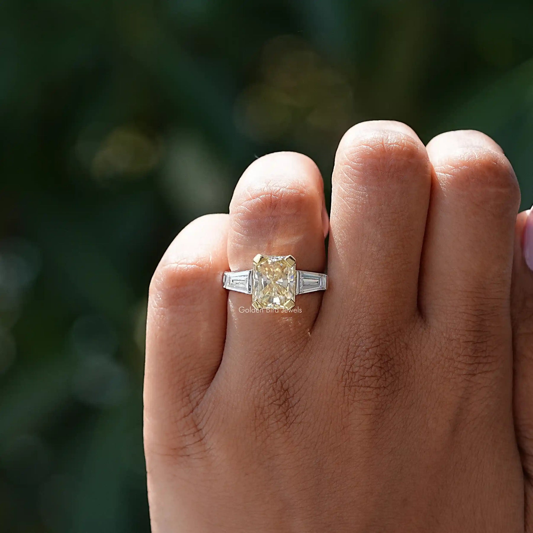 View of Radiant Cut Moissanite Three Stone Ring In finger