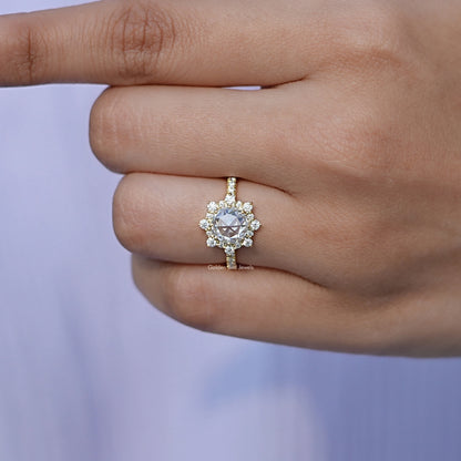 Detailed View Of Rose Cut Round Halo Moissanite Ring In Yellow Gold