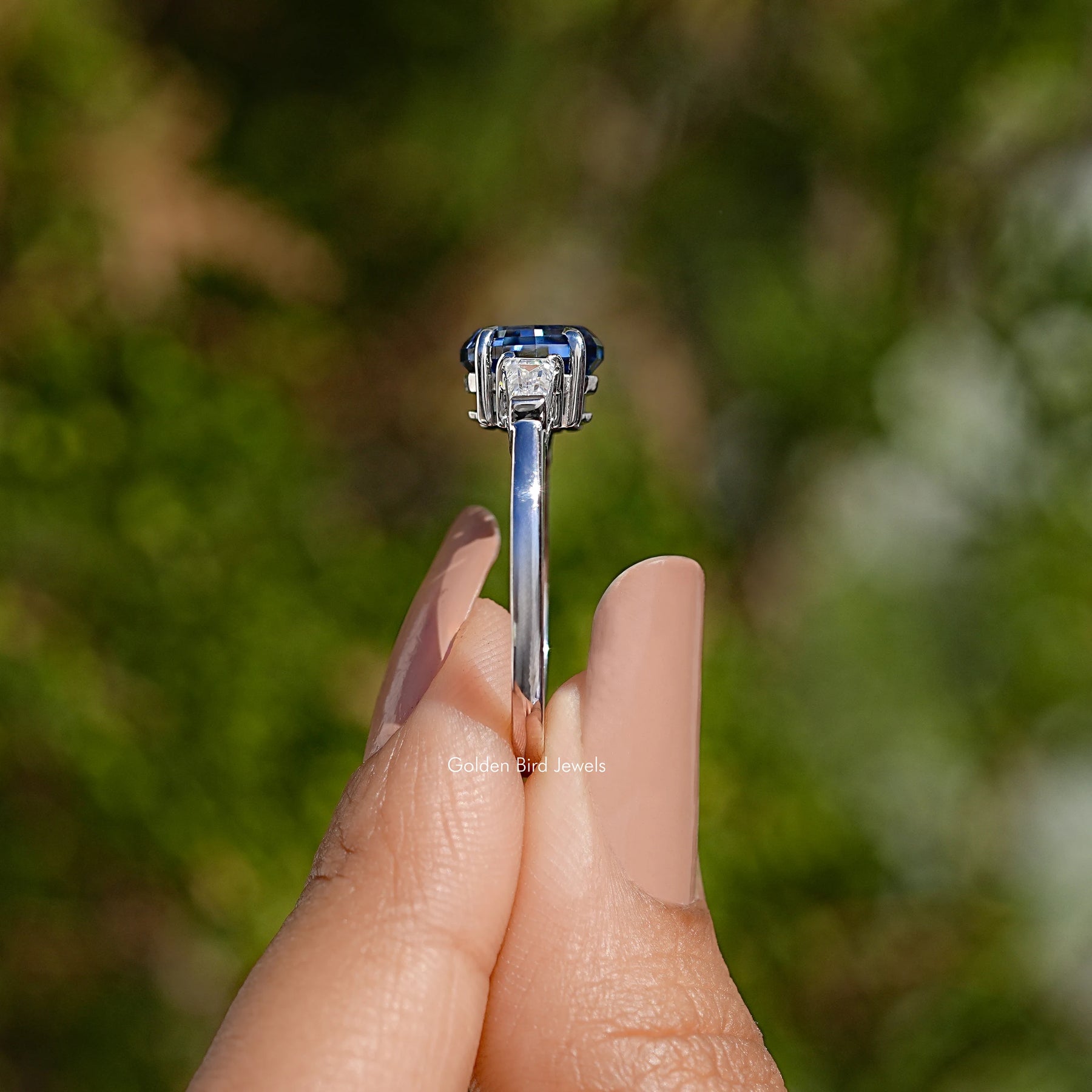 Blue Step Cut Oval Moissanite Three Stone Ring