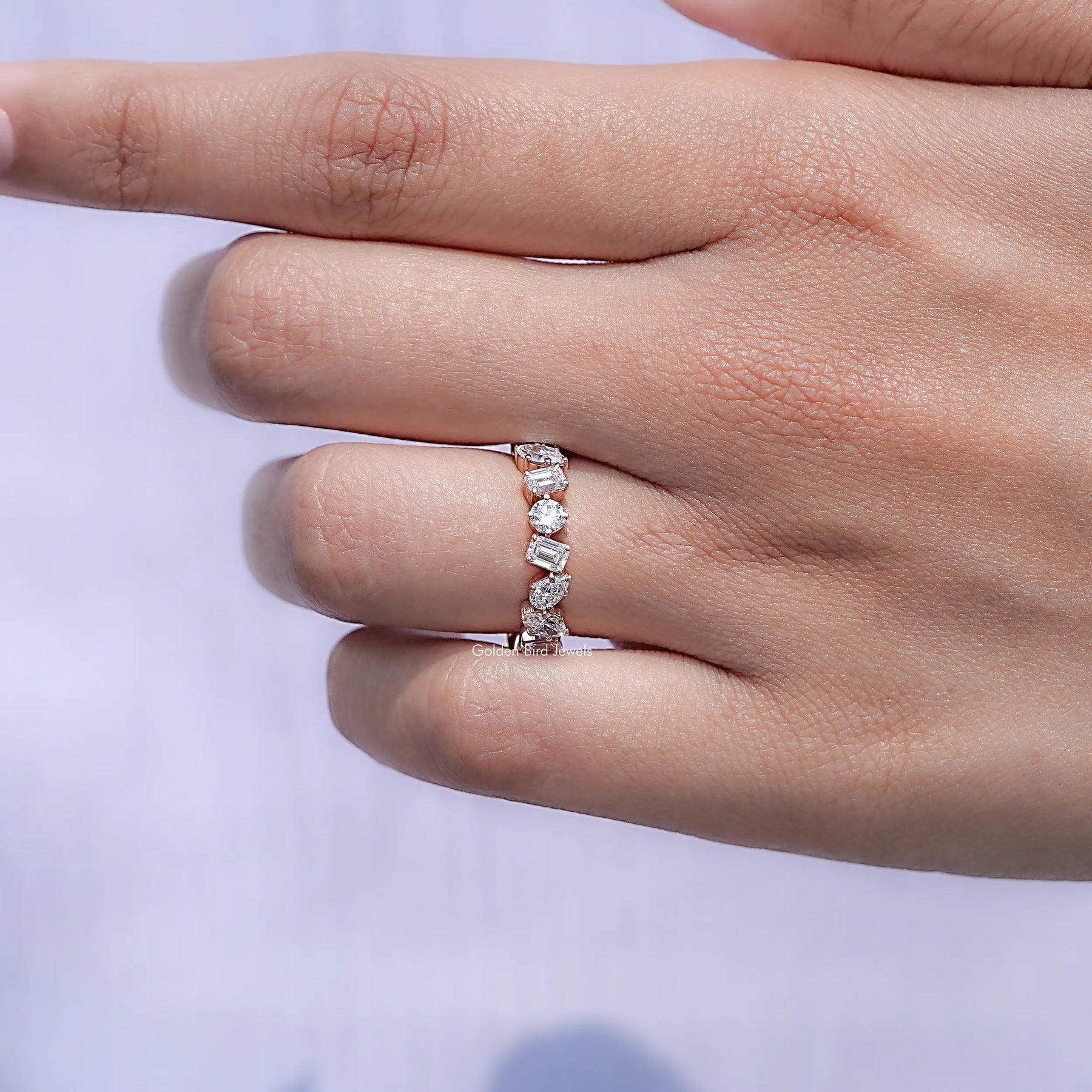 View of Multi Shape Diamond Accent Halo Wedding Ring in prongs setting 
