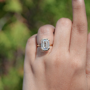 Near Colorless Old Mine Emerald Cut Moissanite Ring
