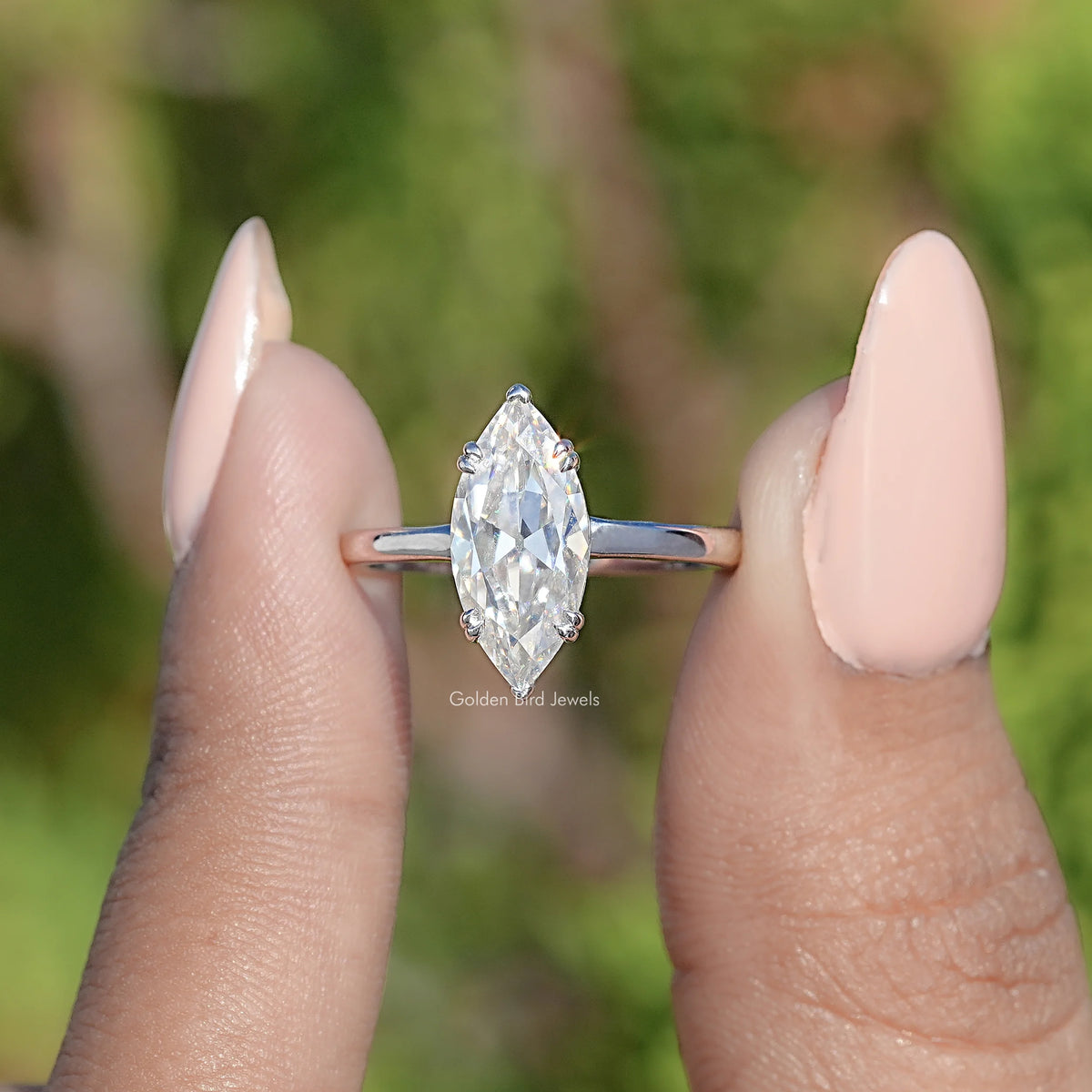 Near Colorless Old Mine Marquise Moissanite Ring