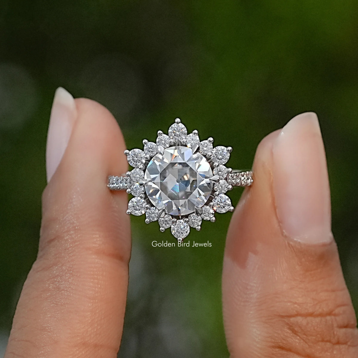 Round Cut Moissanite Halo Accent Engagement Ring