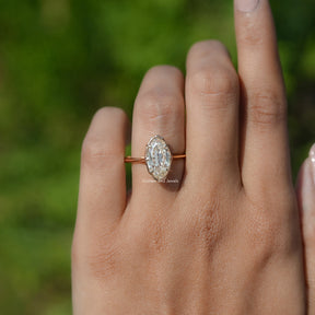 In finger view of Old Mine Cut Moval Moissanite Engagement Ring