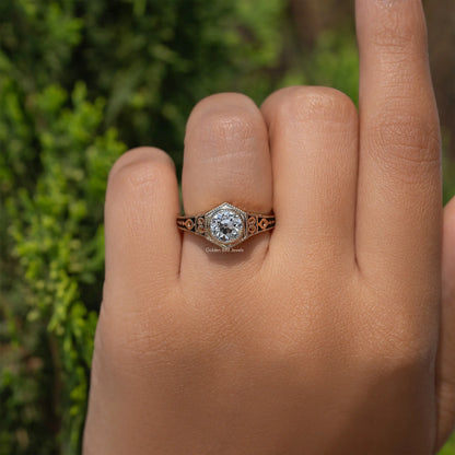 Art Deco Hexagonal Old European Cut Diamond Engagement Ring