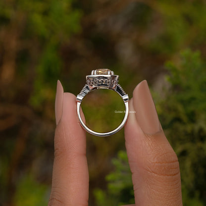 Yellow Old Mine Cushion Moissanite Halo Accent Ring