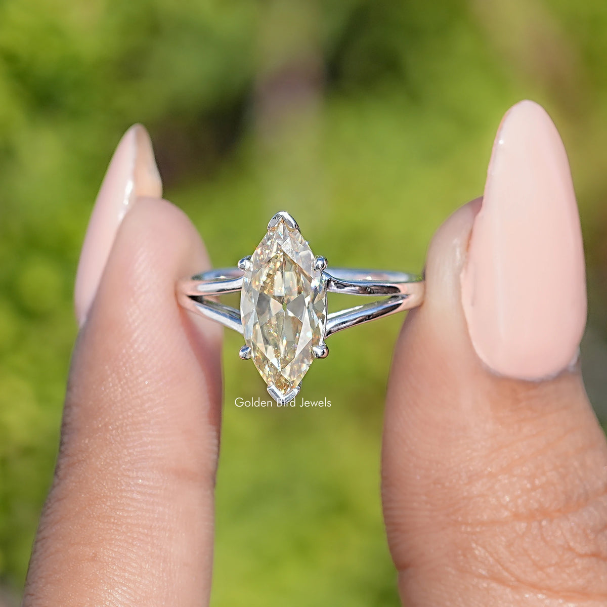 Old Mine Marquise Shaped Moissanite Solitaire Ring