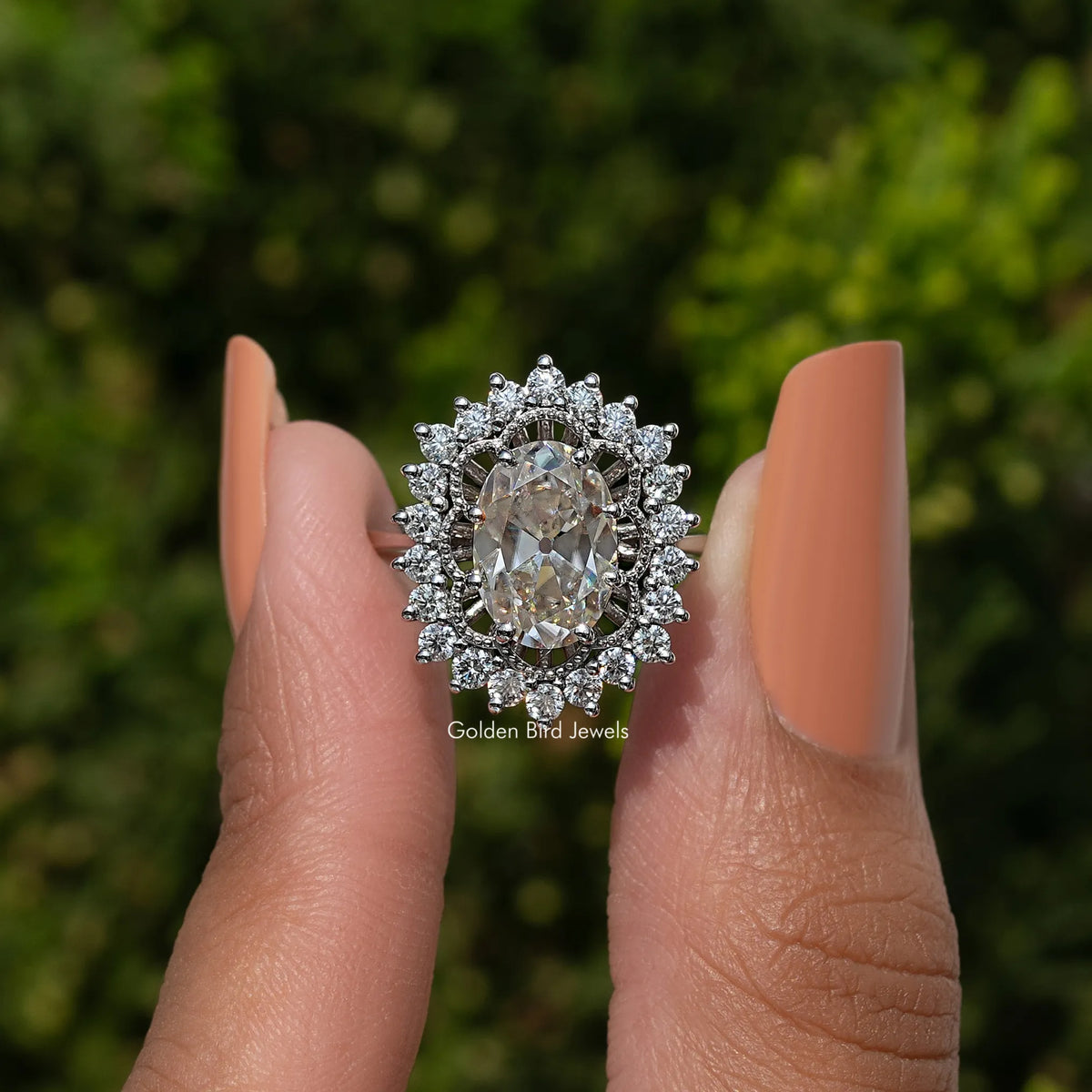 Old Mine Oval Cut Moissanite Halo Ring