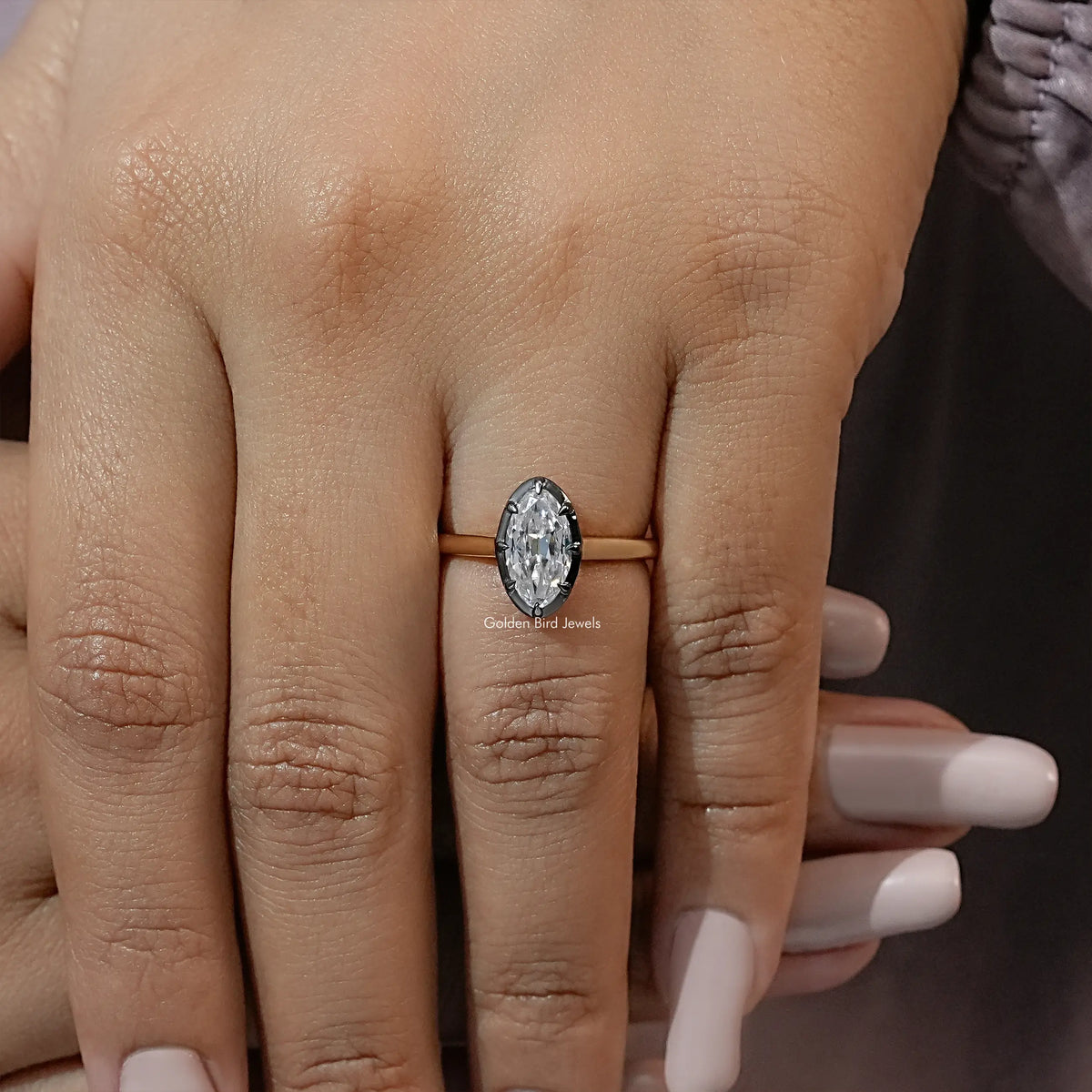 Black Bezel Old Mine Moval Moissanite Solitaire Ring