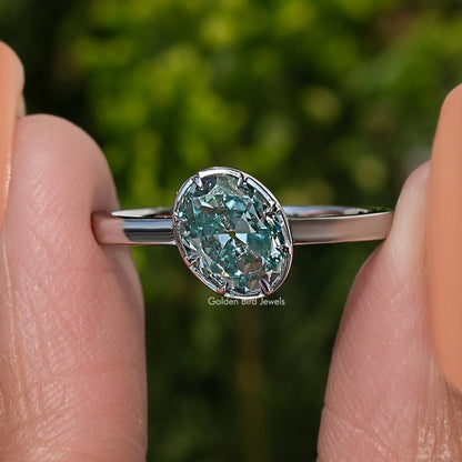 Blue Old Mine Oval Moissanite Solitaire Ring