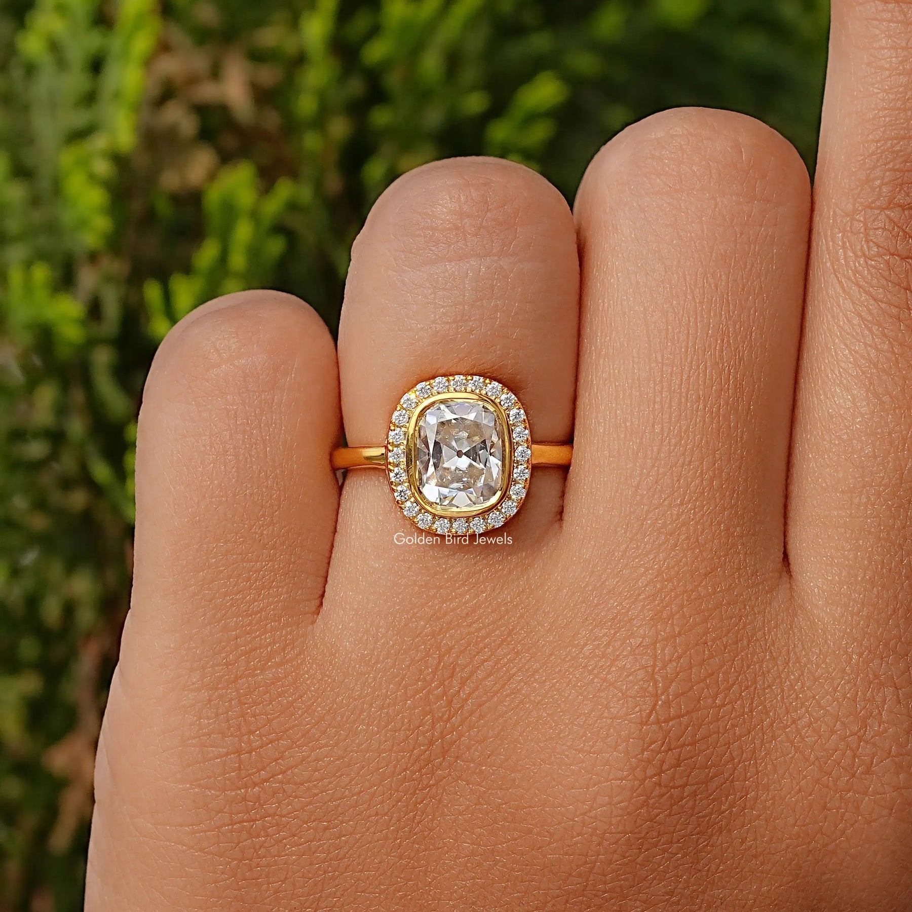 Cushion Old Mine Cut Halo Moissanite Set Ring