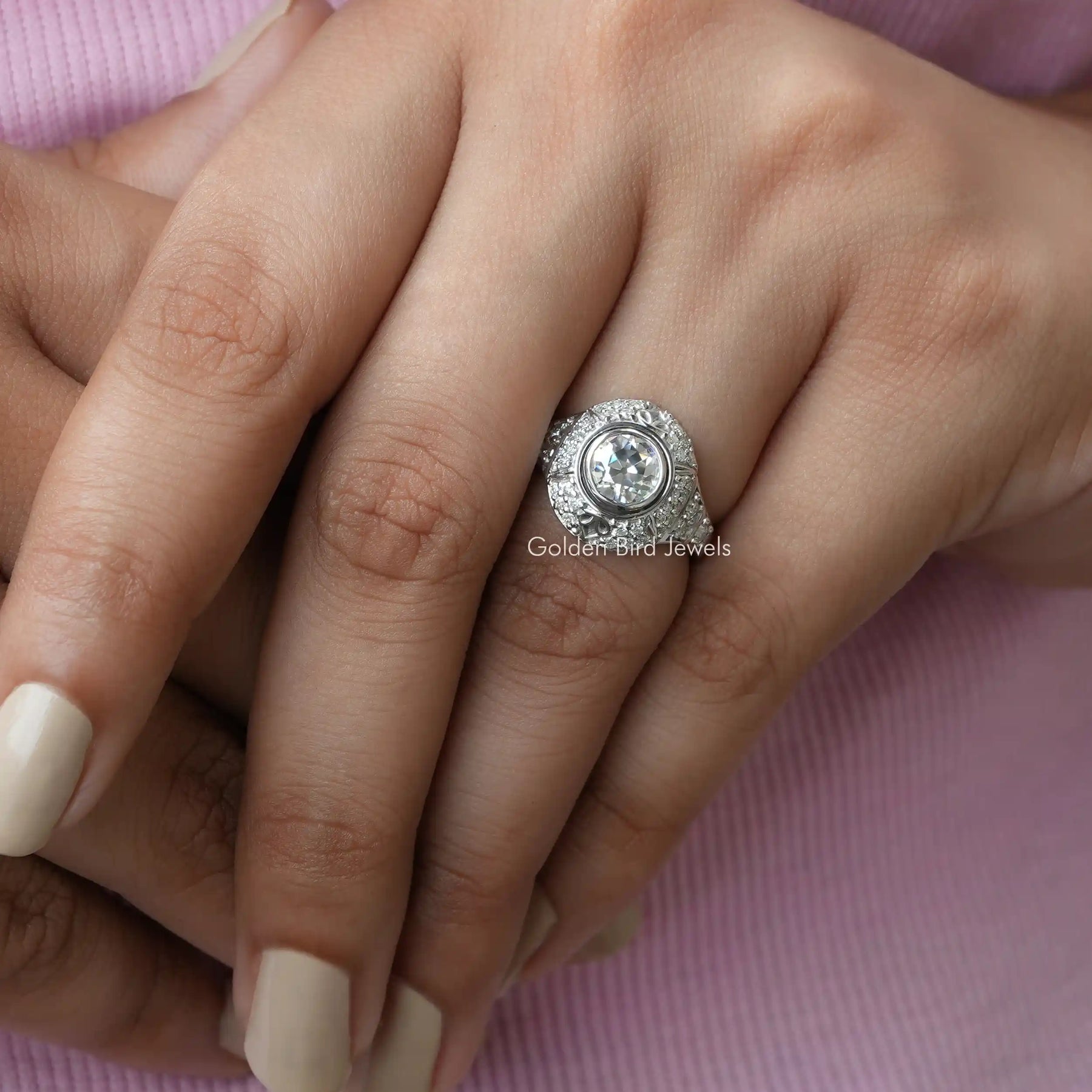 View of OEC Round Cut Moissanite Engagement Ring In Finger