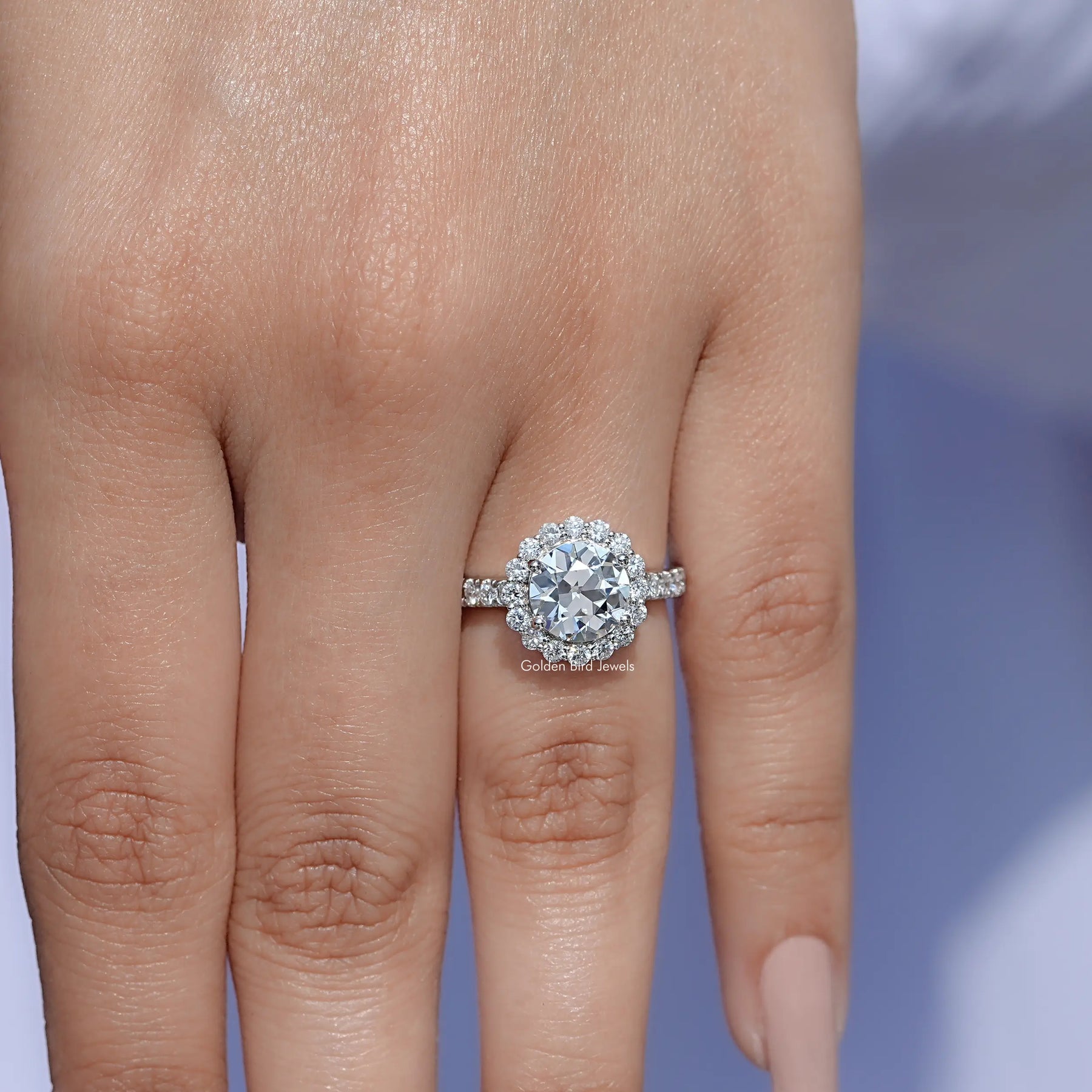 View of Round Cut Lab Diamond Halo Ring in prongs setting 
