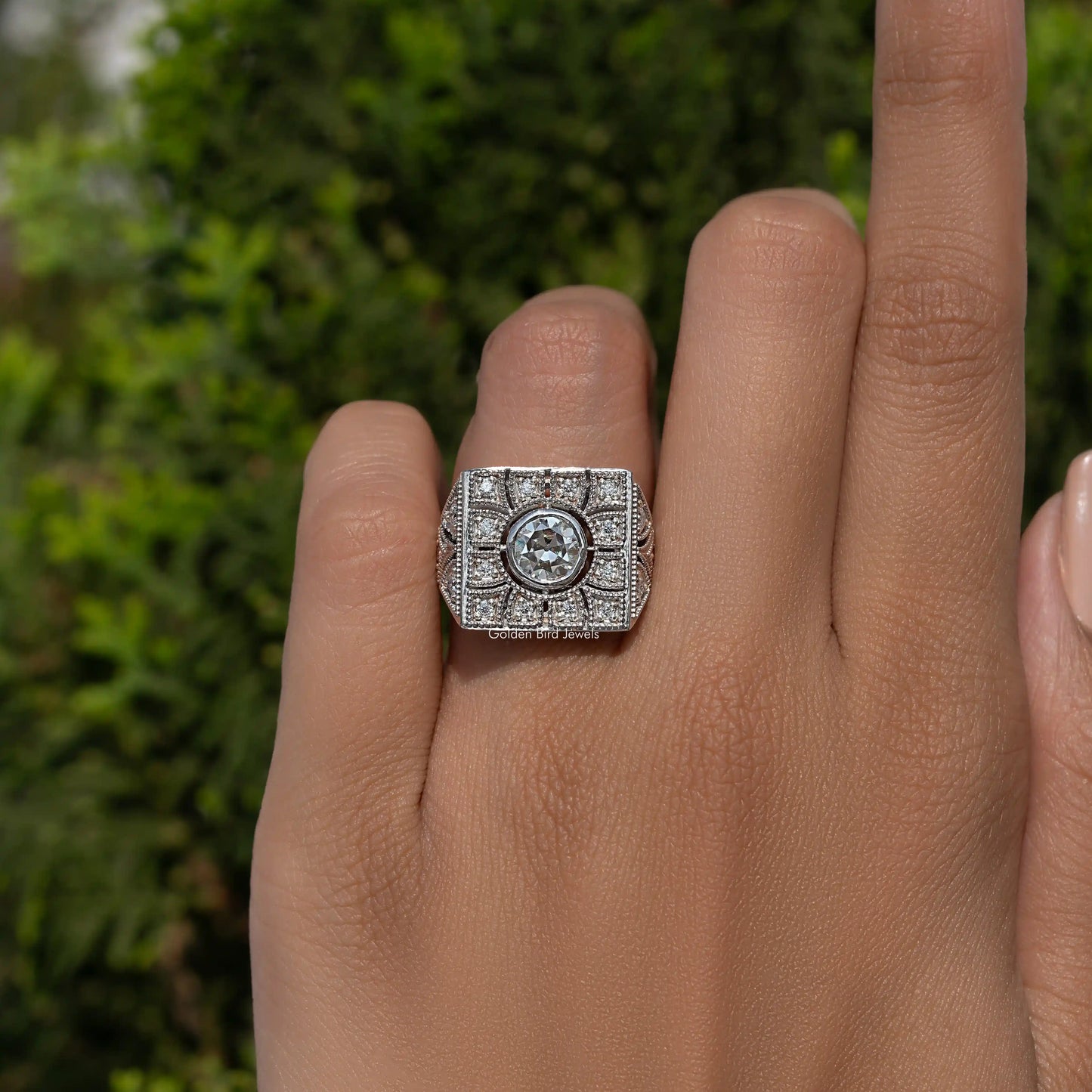 Old European Round Cut Art Deco Square Moissanite Ring
