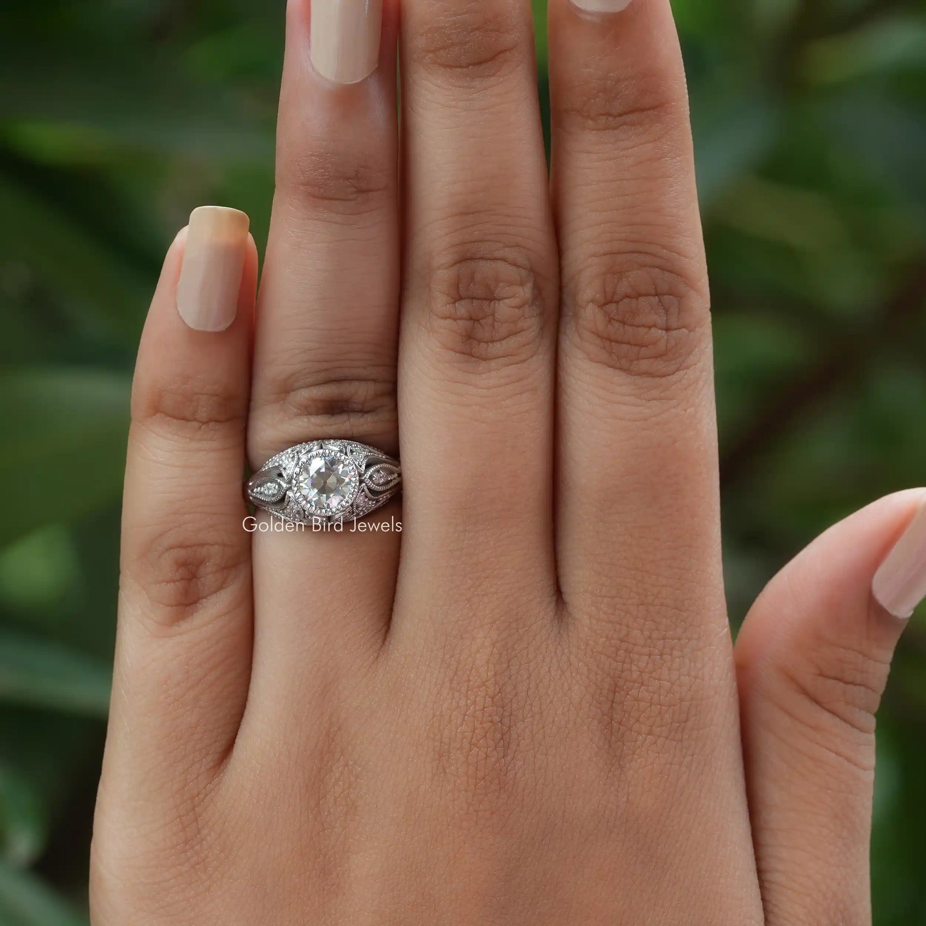View of Round Cut Moissanite Vintage Engagement Ring In White Gold
