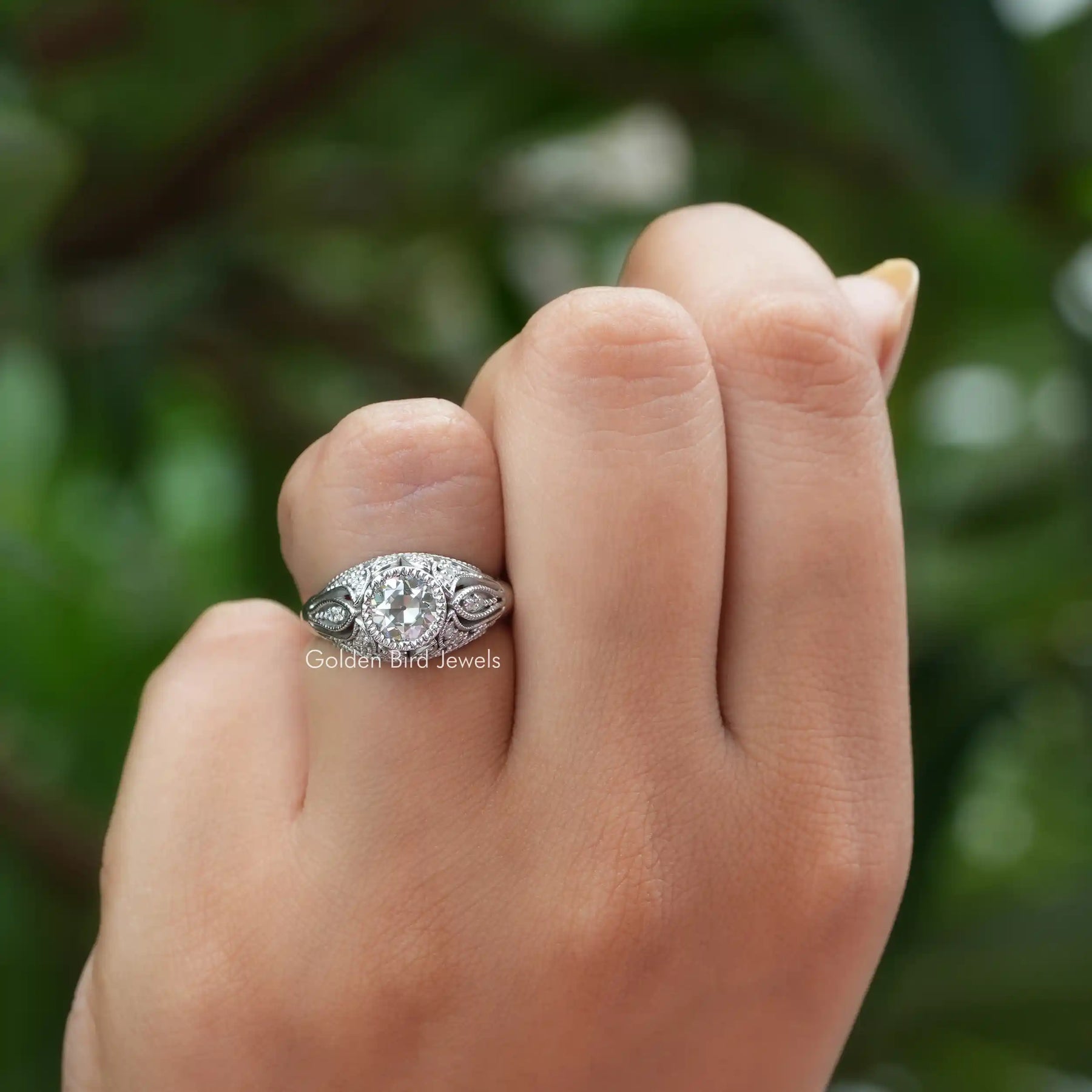 View of Old European Round Cut Moissanite Ring In White Gold
