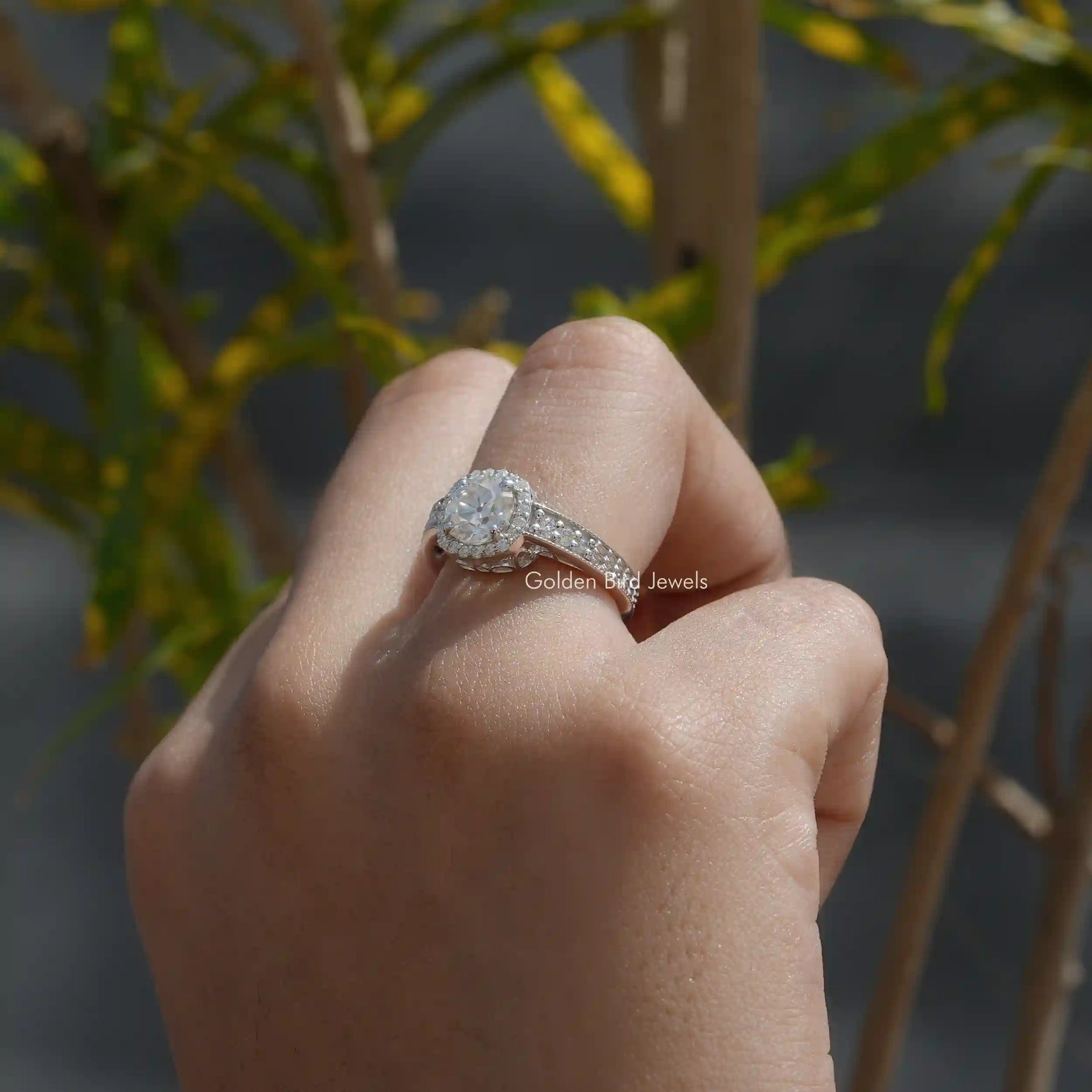 Detailed View Of Colorless Old European Round Cut Moissanite Ring In White Gold