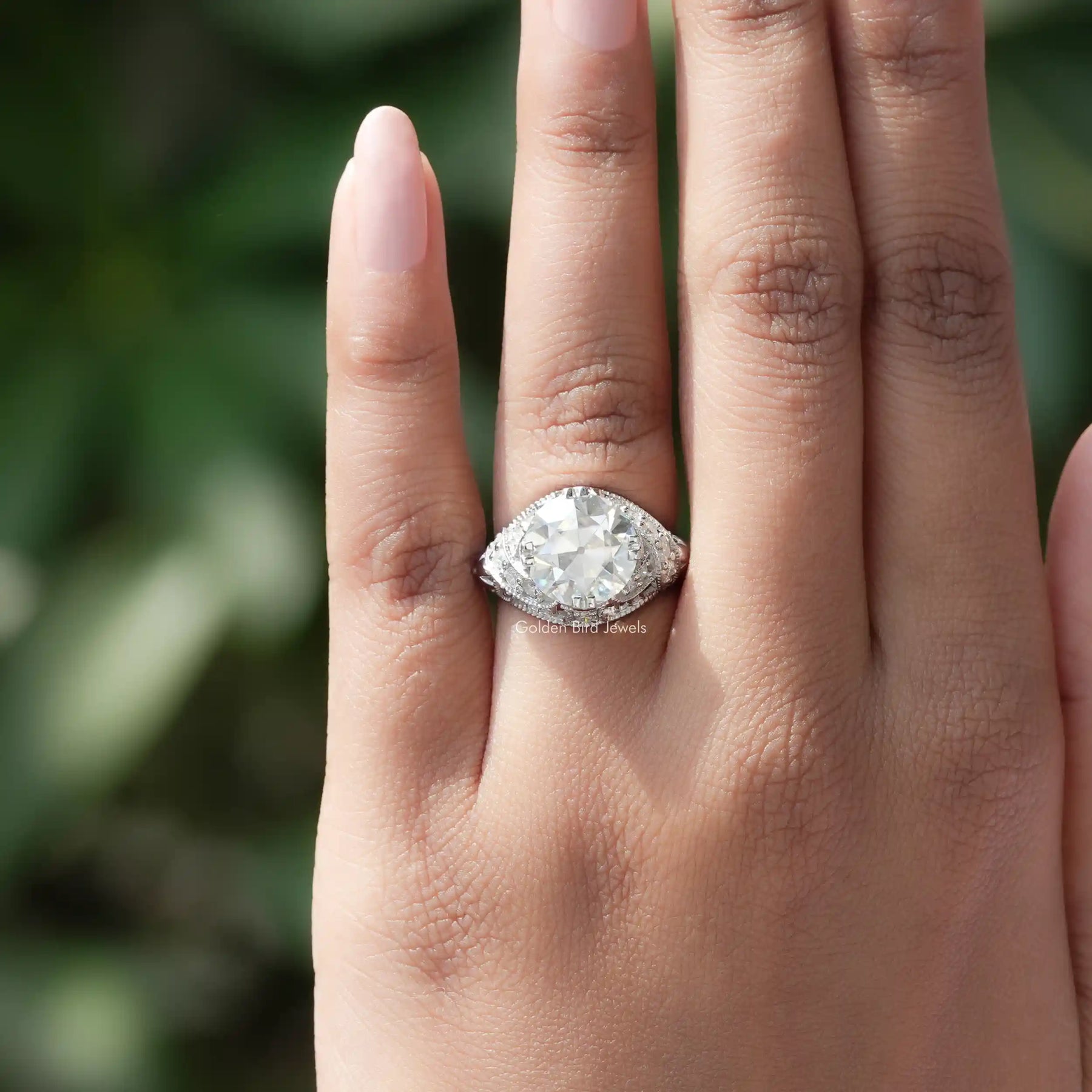 View of Round Cut Moissanite Ring In White Gold