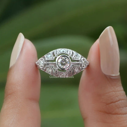 Front View of Old European Round Cut Moissanite Ring In Finger