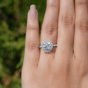 In finger view of Old European Round Lab Diamond Halo Accent Ring