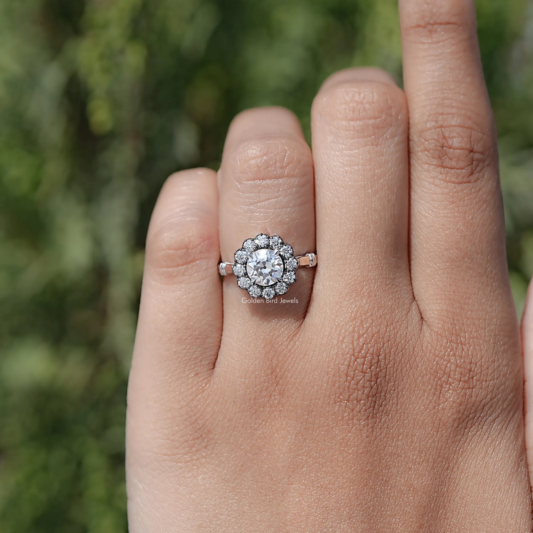 View of Halo Moissanite Engagement Ring in prongs setting 